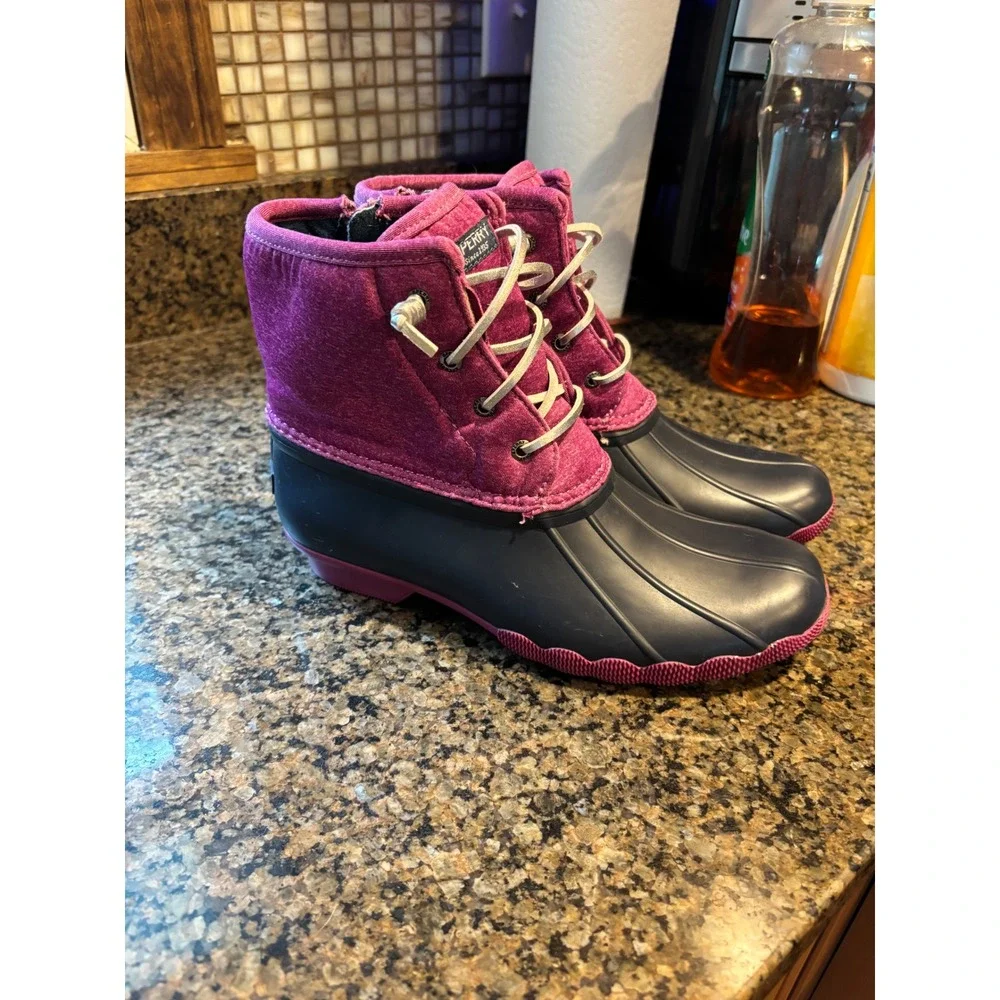 Sperry Saltwater Kids Duck Boots Purple Navy Blue Waterproof Rain Boots Size 6